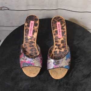 Betsey Johnson Sequined Cork Heel Mules